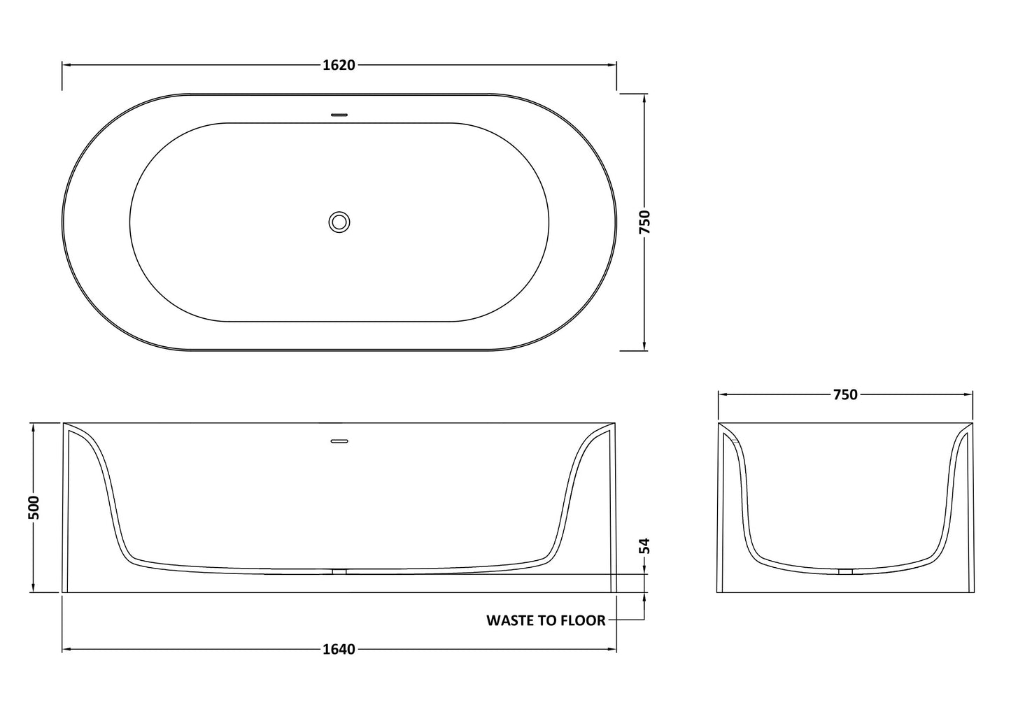 Portman Bath Freestanding 1640 x 750 x 500 - Matt White