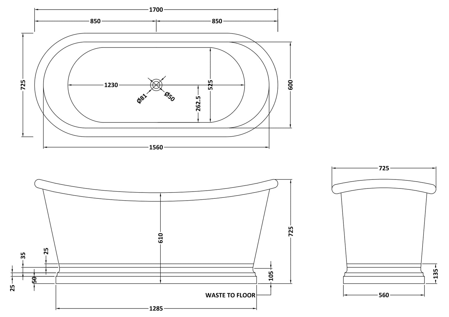 Copper Baths Freestanding Boat Bath - Tin Outer/Tin Inner - 1700mm