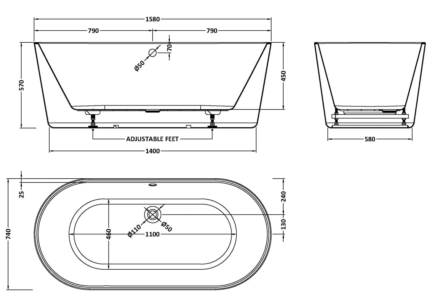 Viado Round Freestanding Bath Waste Included - 1580mm x 740mm