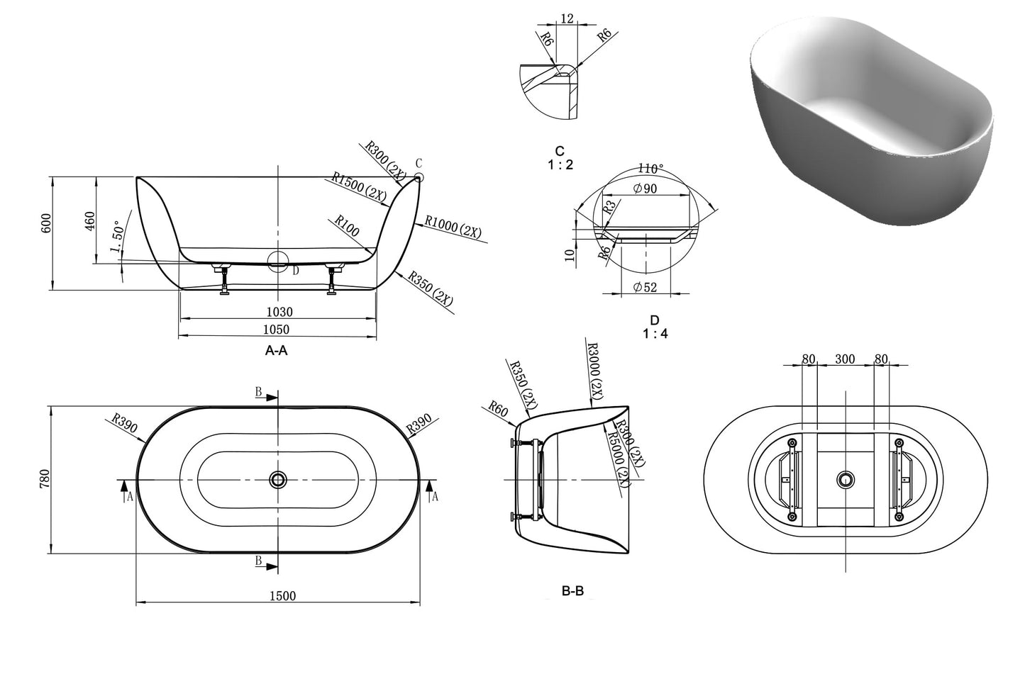 Dinkee Compact Curved Bath Waste Included - 1500mm x 780mm