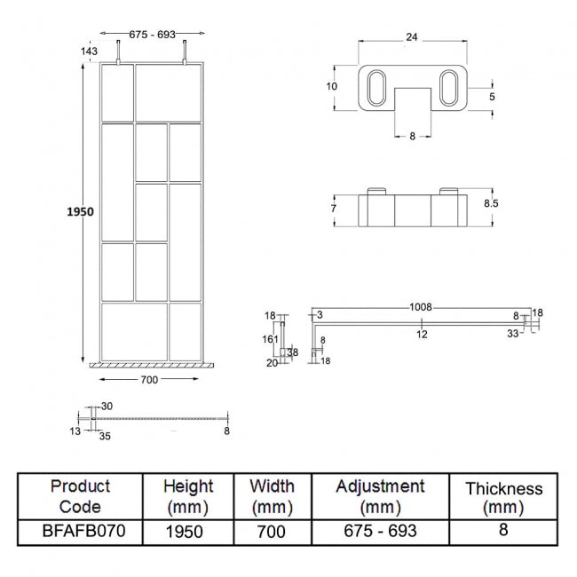 700mm Abstract Frame Wetroom Screen with Support Bars