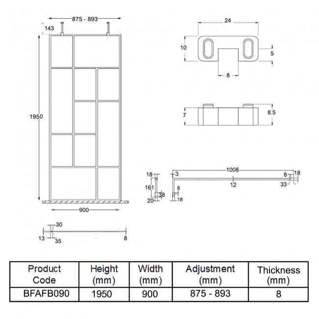 900mm Abstract Frame Wetroom Screen with Support Bars