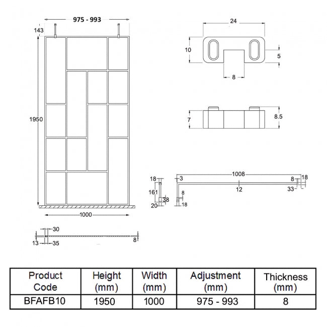 1000mm Abstract Frame Wetroom Screen with Support Bars