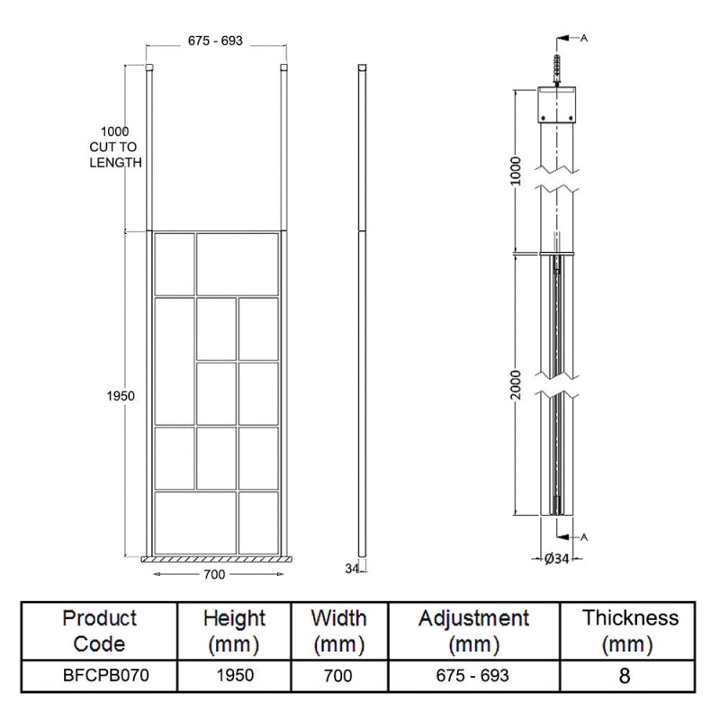 700mm Abstract Frame Wetroom Screen with Ceiling Posts