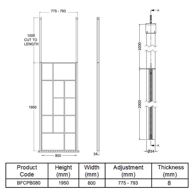 800mm Abstract Frame Wetroom Screen with Ceiling Posts