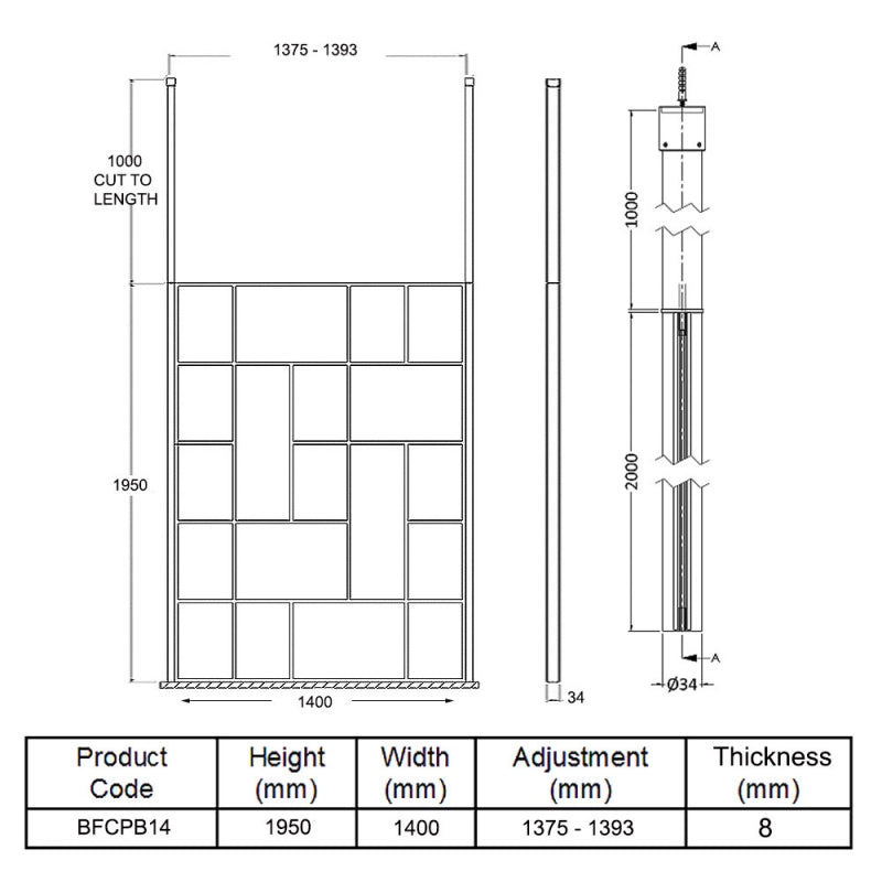 1400mm Abstract Frame Wetroom Screen with Ceiling Posts