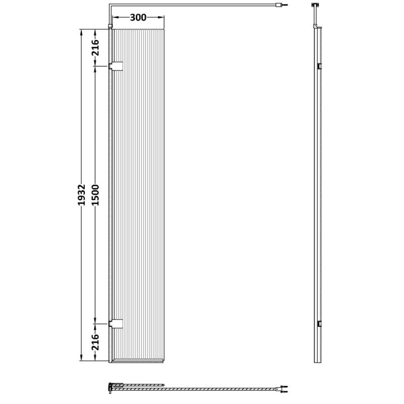 800mm Fluted Wetroom Screen with Support Bar