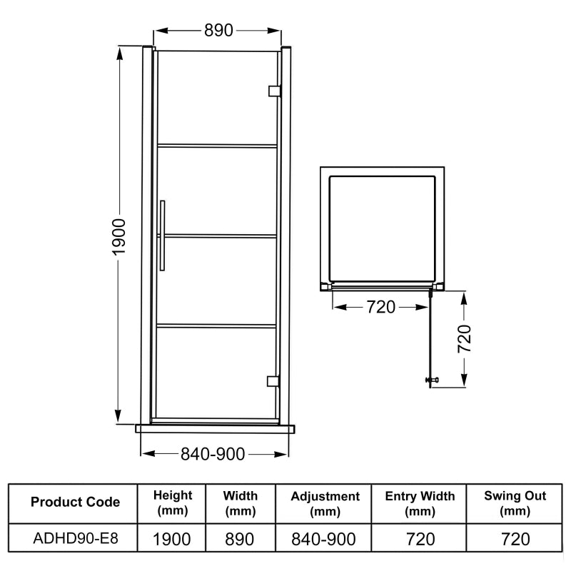 900mm Hinged Shower Door