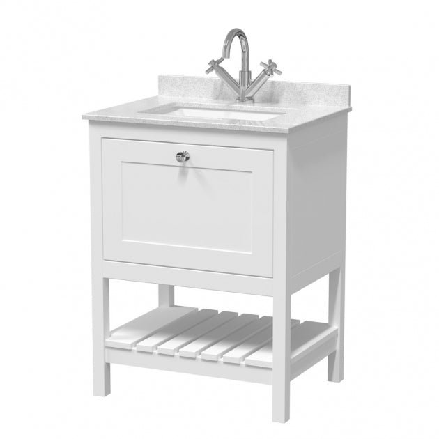 Crawford Bexley Floor Standing Vanity Unit with 1TH Marble Top Basin 600mm Wide - Pure White