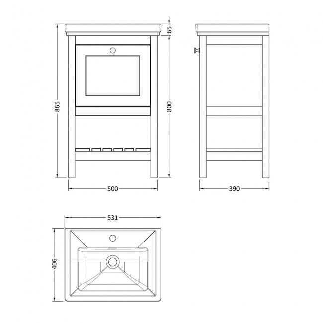 Crawford Bexley Floor Standing Vanity Unit with 1TH Basin 500mm Wide - Pure White