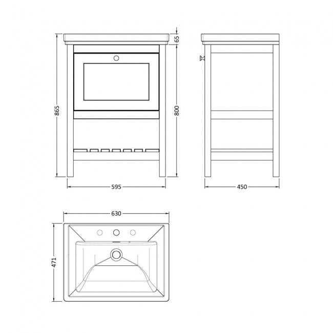 Crawford Bexley Floor Standing Vanity Unit with 3TH Basin 600mm Wide - Cool Grey