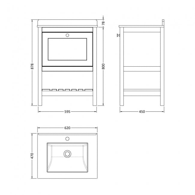 Crawford Bexley Floor Standing Vanity Unit with 1TH Marble Top Basin 600mm Wide - Cool Grey