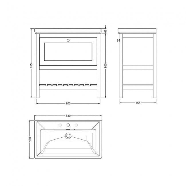 Crawford Bexley Floor Standing Vanity Unit with 3TH Basin 800mm Wide - Cool Grey