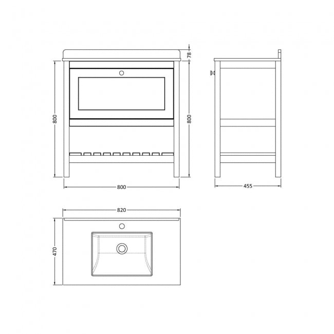 Crawford Bexley Floor Standing Vanity Unit with 1TH Marble Top Basin 800mm Wide - Pure White