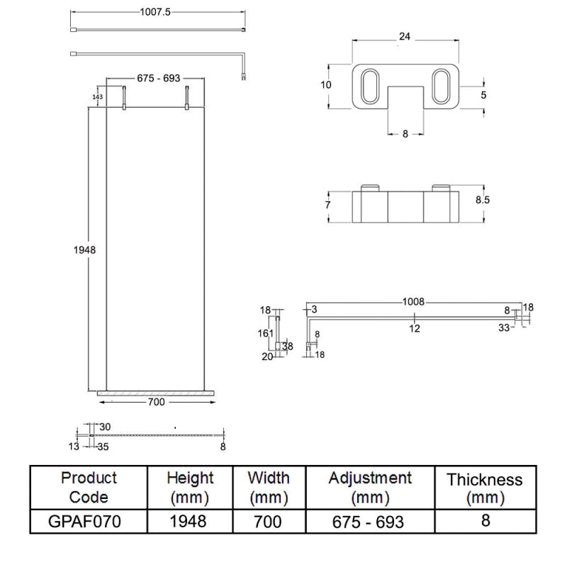 700mm Wetroom Screen With Arms and Feet