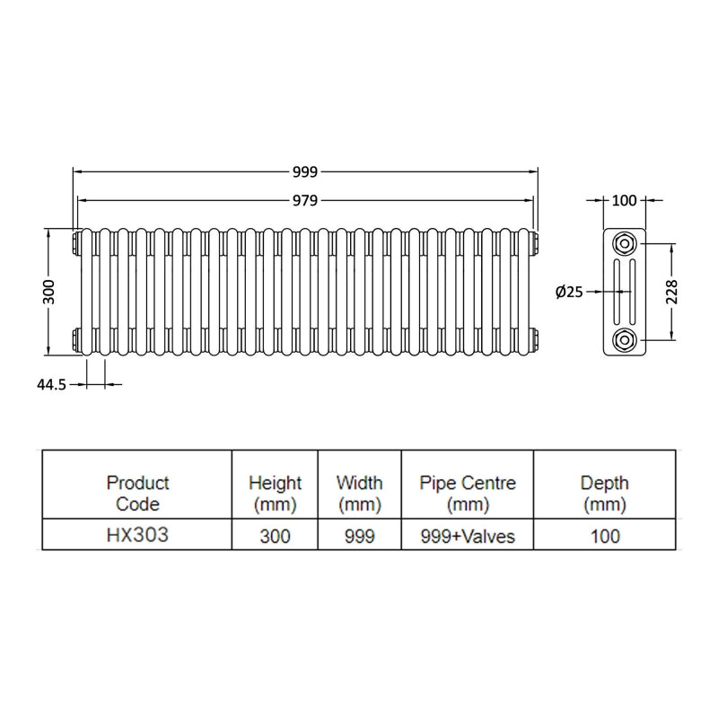 Crawford Colosseum 3-Column Horizontal Radiator 300mm H x 999mm W - White