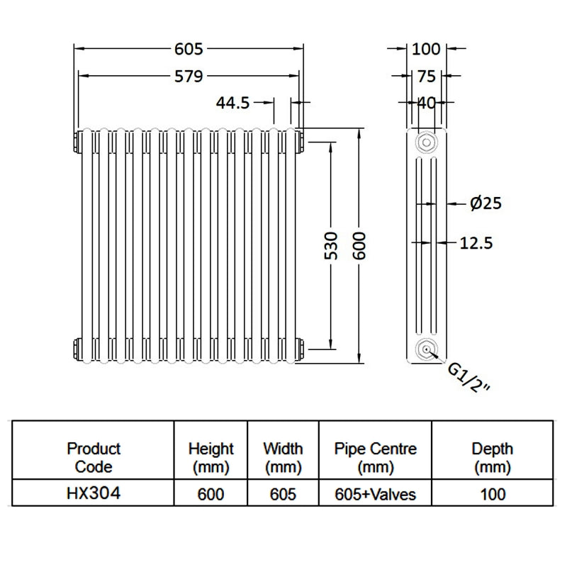 Crawford Colosseum 3-Column Horizontal Radiator 600mm H x 605mm W - White