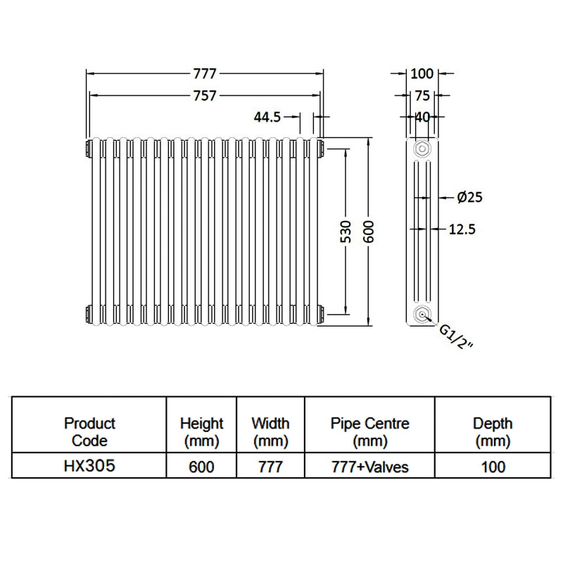 Crawford Colosseum 3-Column Horizontal Radiator 600mm H x 777mm W - White