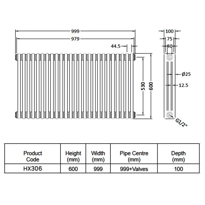 Crawford Colosseum 3-Column Horizontal Radiator 600mm H x 999mm W - White