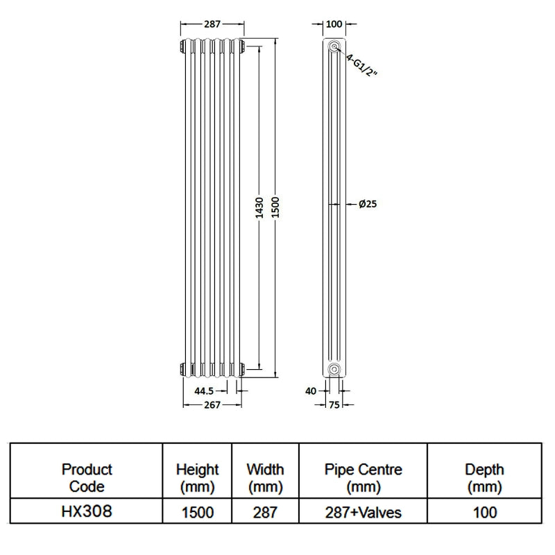 Crawford Colosseum 3-Column Vertical Radiator 1500mm H x 287mm W - White