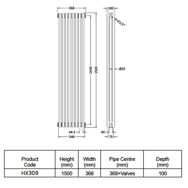 Crawford Colosseum 3-Column Vertical Radiator 1500mm H x 368mm W - White