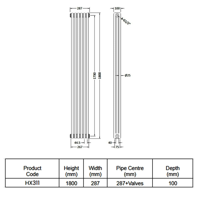 Crawford Colosseum 3-Column Vertical Radiator 1800mm H x 287mm W - White