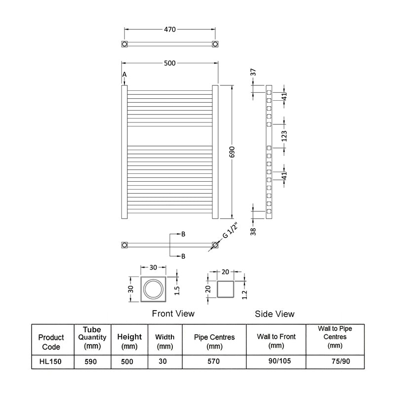 Crawford Square Bar Electric Towel Rail 690mm H x 500mm W - Chrome