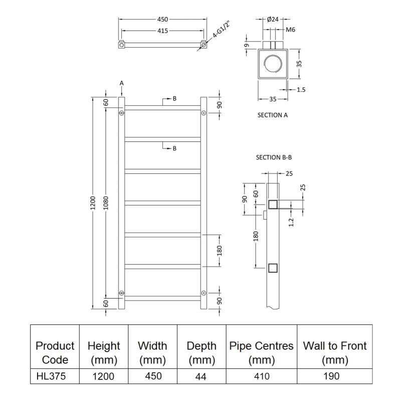 Crawford Eton Heated Towel Rail 1200mm H x 450mm W - Chrome