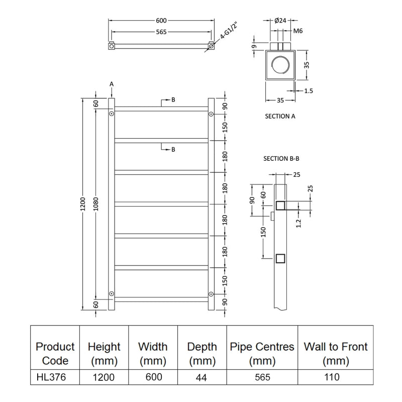 Crawford Eton Heated Towel Rail 1200mm H x 600mm W - Chrome