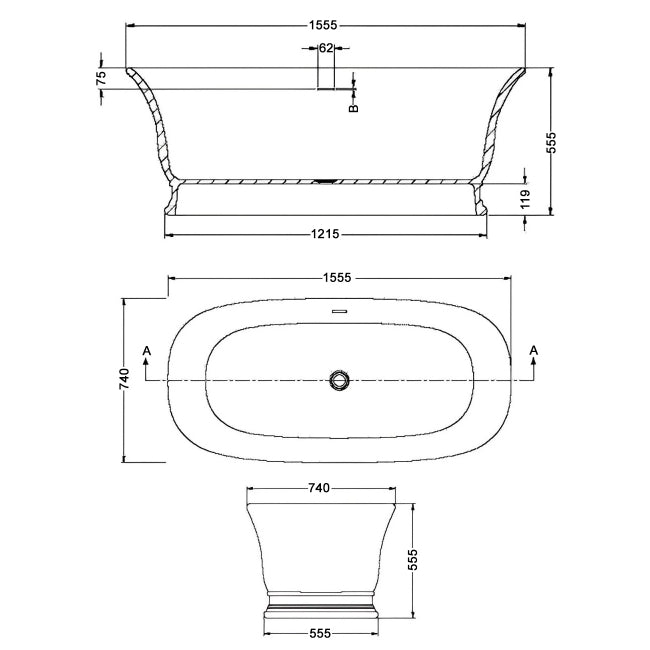 Crawford Farringdon Solid Surface Freestanding Bath 1555mm x 740mm - Matt White