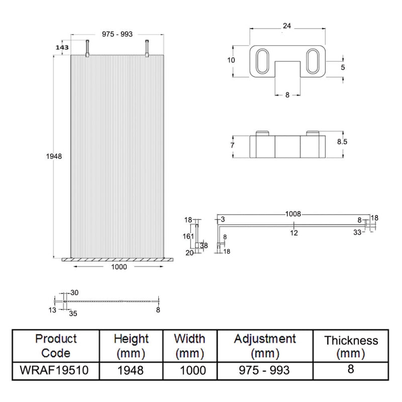 1000mm Fluted Wetroom Scren with Arms & Feet