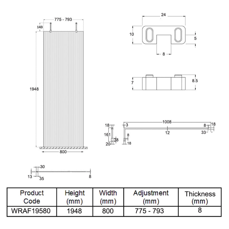 800mm Fluted Wetroom Scren with Arms & Feet