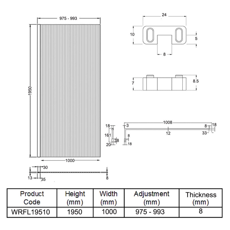 1000mm Fluted Wetroom Screen with Support Bar