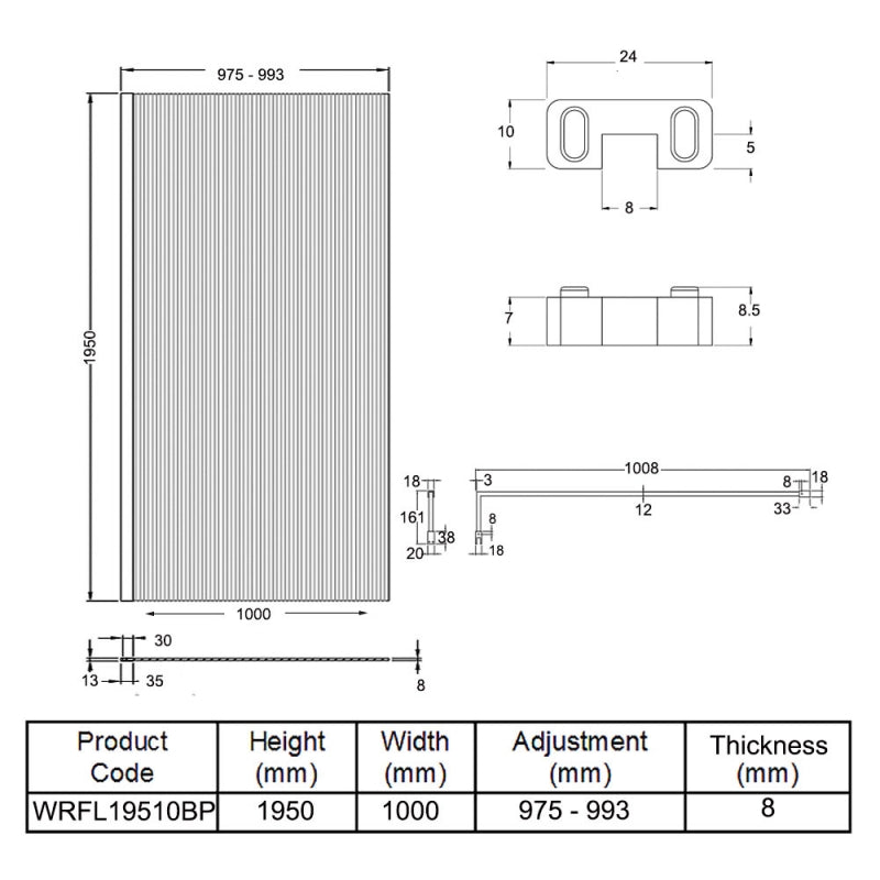 1000mm Fluted Wetroom Screen with Support Bar