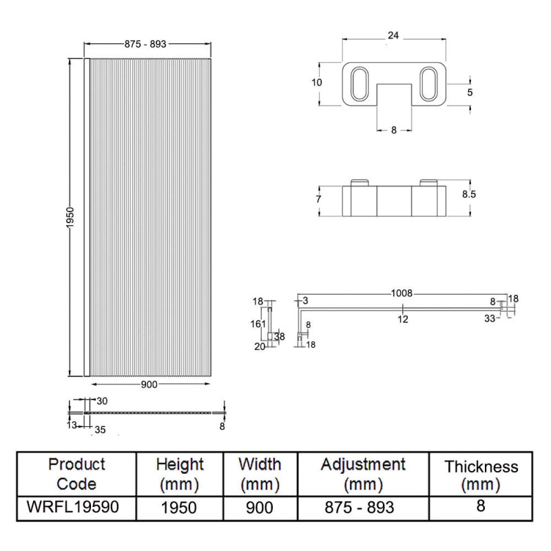 900mm Fluted Wetroom Screen with Support Bar