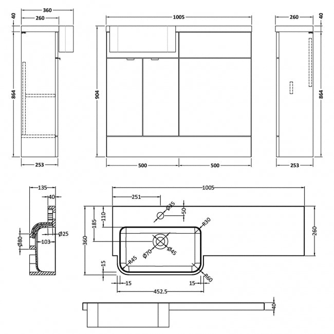 1000mm Combination Unit & Left Hand Semi Recessed Basin