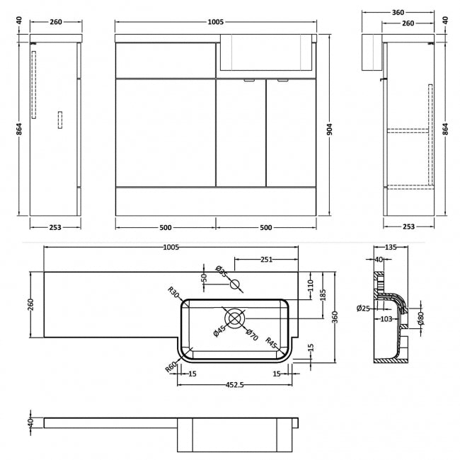 1000mm Combination Unit & Right Hand Semi Recessed Basin