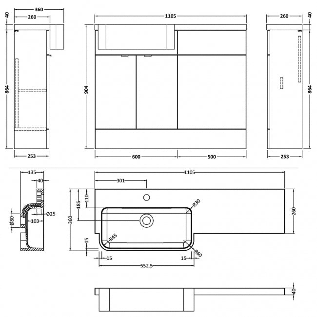 1100mm Combination Unit & Right Hand Semi Recessed Basin