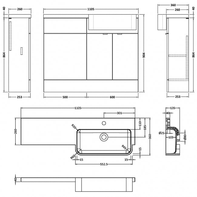 1100mm Combination Unit & Right Hand Semi Recessed Basin