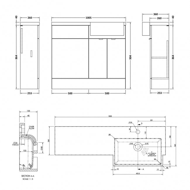 1000mm Combination Unit & Right Hand Semi Recessed Basin