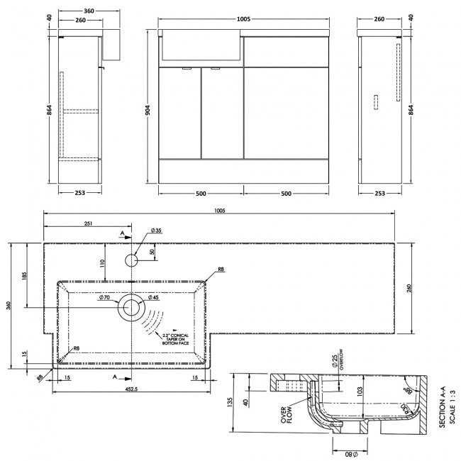 1000mm Combination Unit & Left Hand Semi Recessed Basin