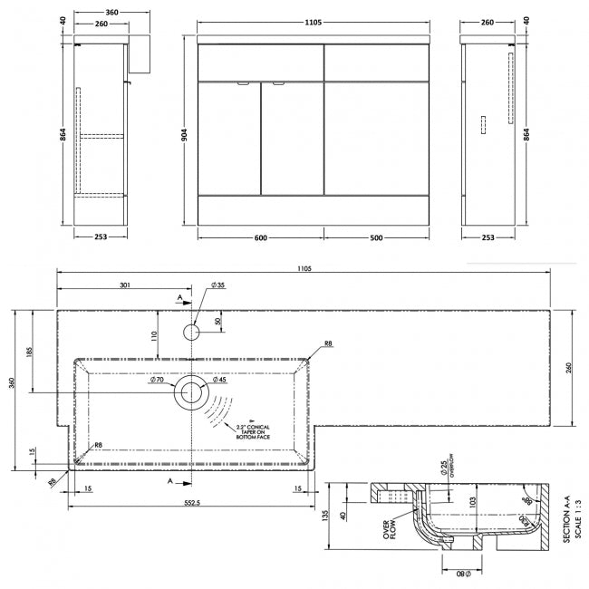 1100mm Combination Unit & Left Hand Semi Recessed Basin