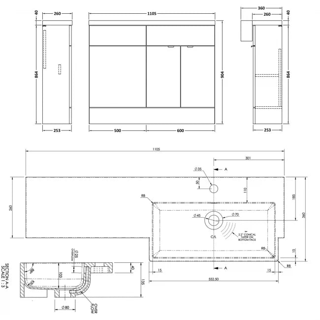 Fusion Gloss White: 1100mm Combination Unit & Right Hand Semi Recessed Basin