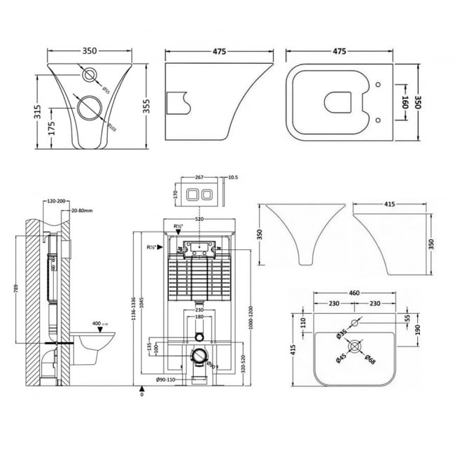 Crawford Grace Bathroom Suite Wall Hung Toilet and Basin 460mm - 1 Tap Hole