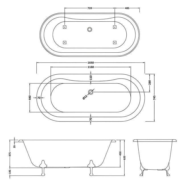 Crawford Grosvenor Freestanding Bath 1500mm x 750mm - Pride Leg Set