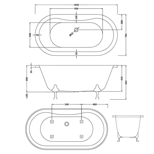 Crawford Grosvenor Freestanding Bath 1500mm x 750mm - Deacon Leg Set