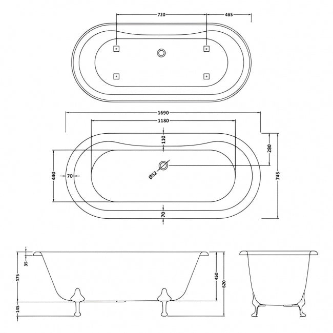 Crawford Grosvenor Freestanding Bath 1700mm x 745mm - Pride Leg Set