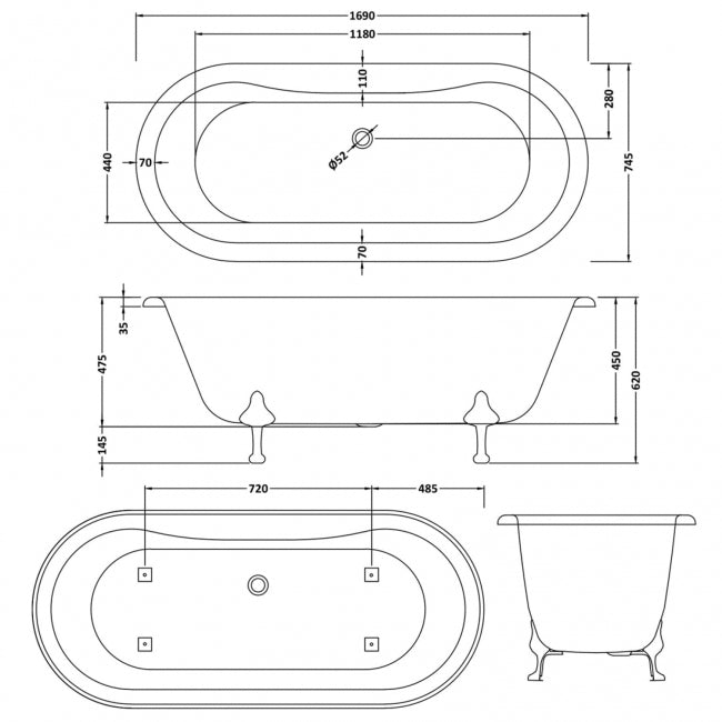 Crawford Grosvenor Freestanding Bath 1700mm x 745mm - Deacon Leg Set