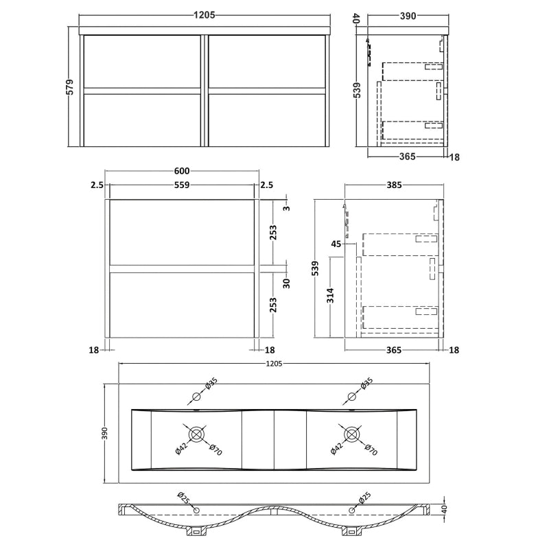 Havana Wall Hung 4-Drawer Vanity Unit with Double Ceramic Basin 1200mm Wide - Metallic Slate