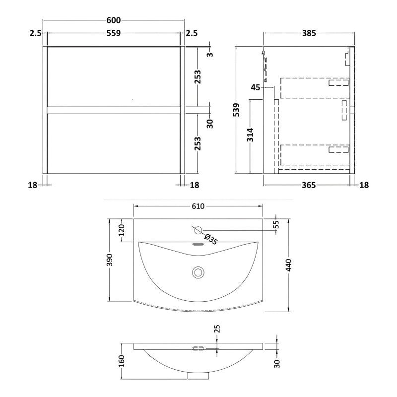 Havana Wall Hung 2-Drawer Vanity Unit with Basin 4 600mm Wide - Metallic Slate